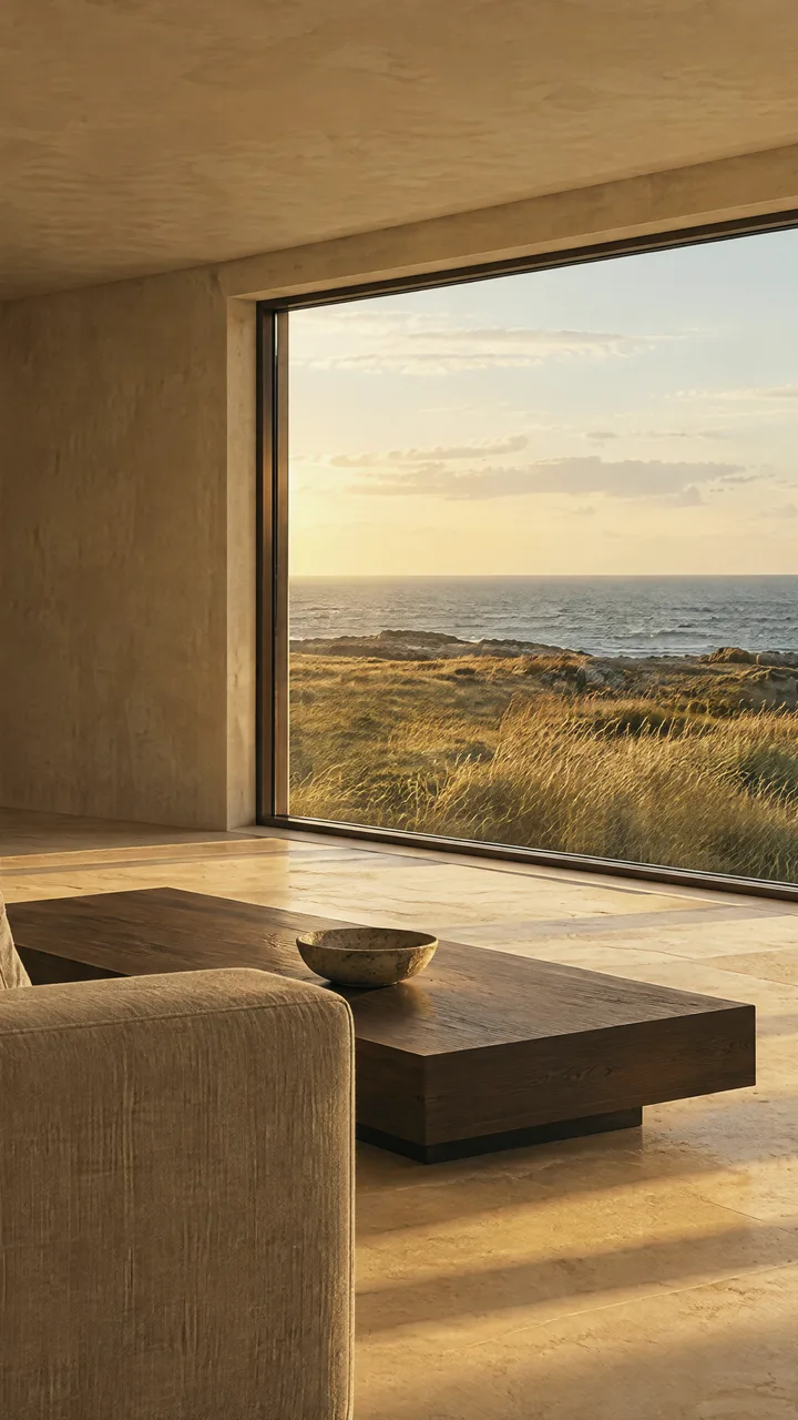 The living-room still: a sofa arm, a low oak table with a bowl and a tall window onto the sea.