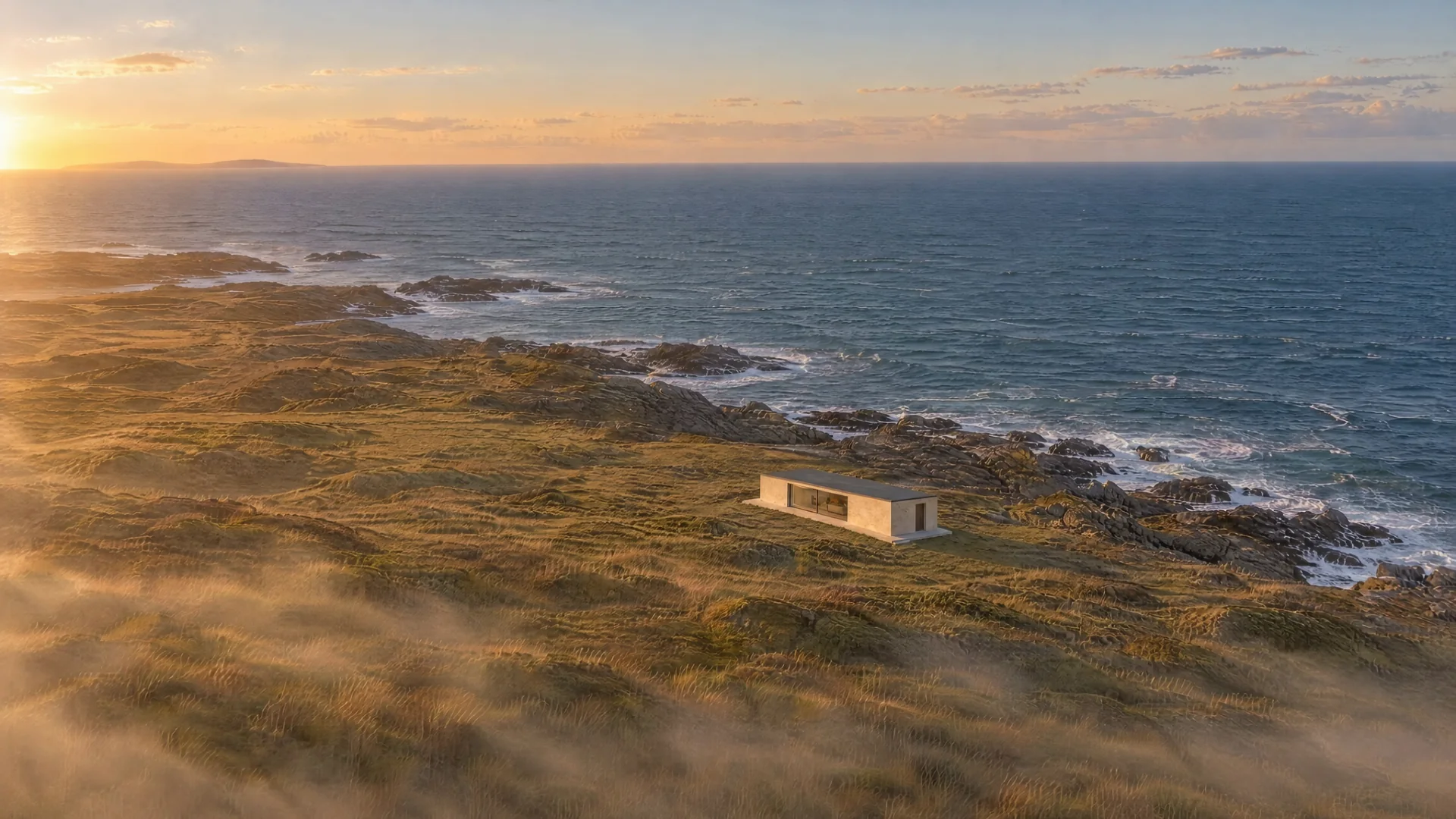 Tide House, a fictional studio concept: a low limestone house on an Atlantic headland at sunset, seen from above the grass.
