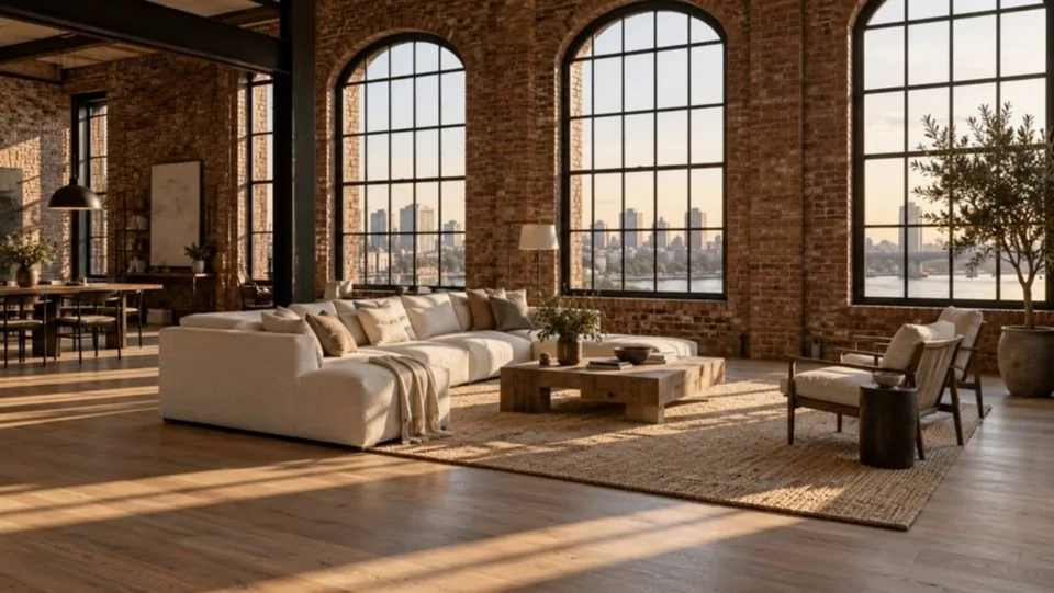 Loft interior, first frame: three tall windows, the right-hand one arched.