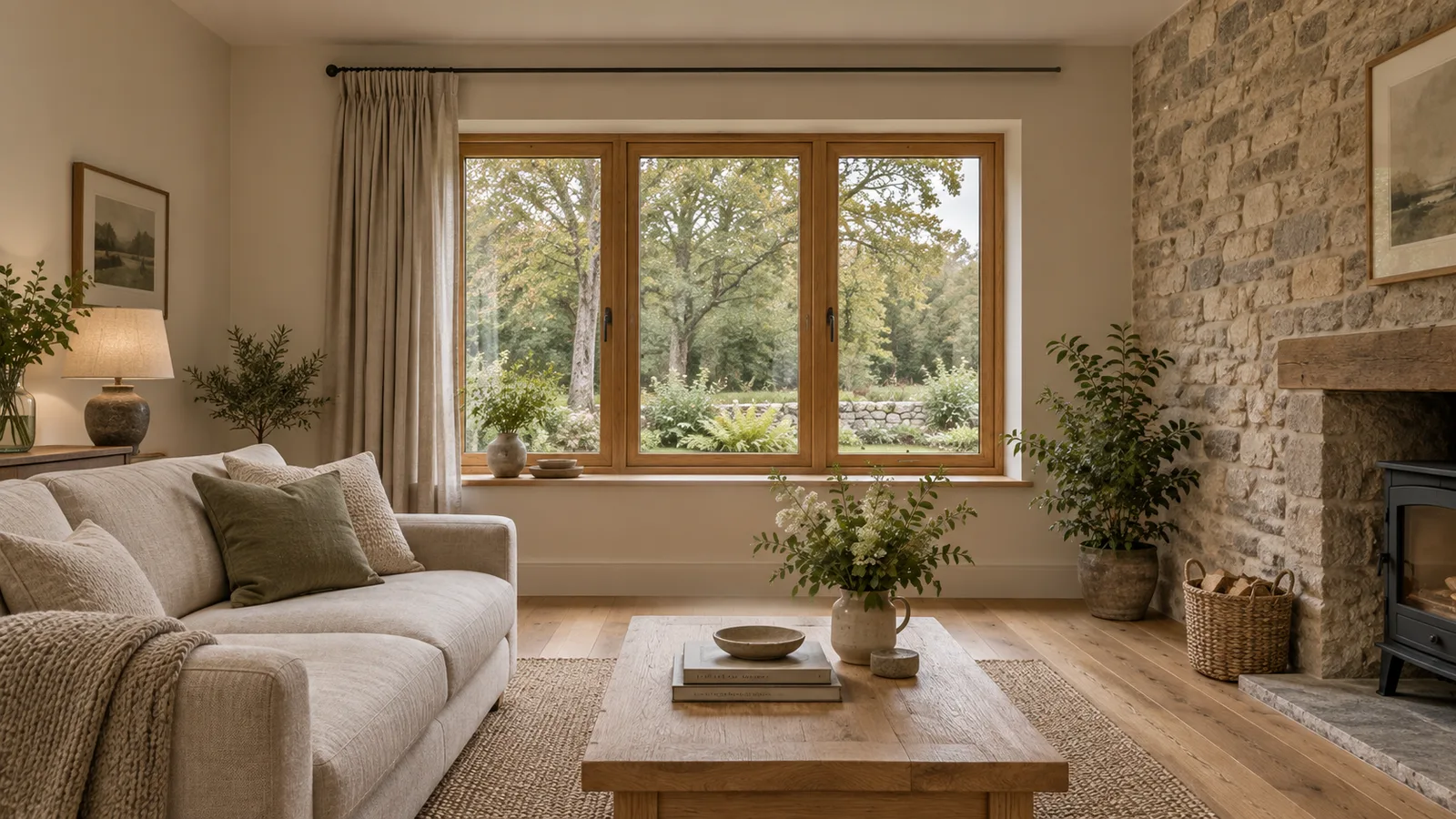 The source still, a studio concept standing in for your photograph: a cottage living room with a three-pane window onto trees, a linen sofa, an oak table and a stove in a stone wall.